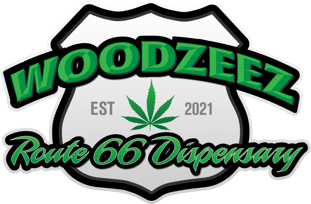 A green and white logo for the woodzee route 6 6 dispensary.