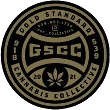A black and white logo for the gold standard cannabis collective.