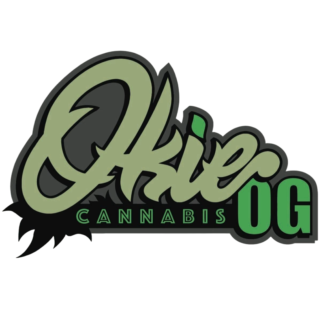 A black background with the name okie cannabis og written in green.