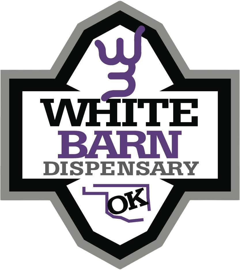A black and white logo for the white barn dispensary.