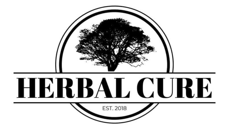 A black and white logo of the herbal cure.