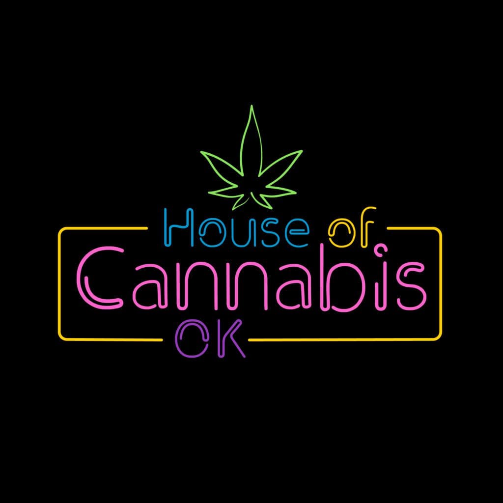 A neon sign that says house of cannabis ok.