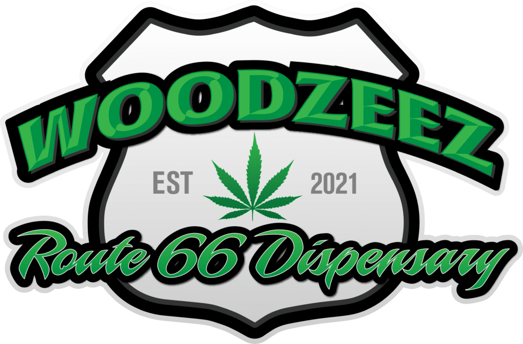 A green and white logo for the woodzee route 6 6 dispensary.