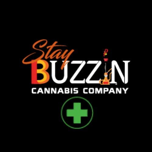 A black background with the words stay buzzin cannabis company and an image of a green cross.