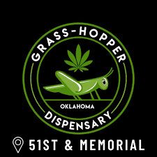 A green and black logo for grass-hopper dispensary.