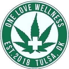 A green and white logo with a marijuana leaf.