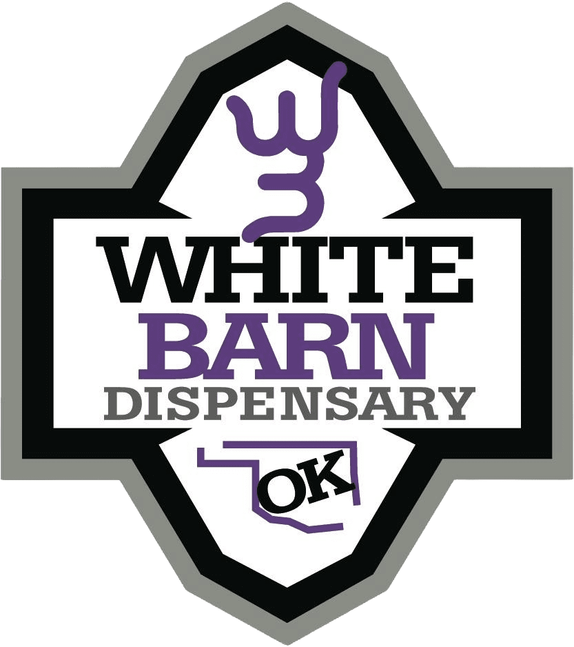 A black and white logo for the white barn dispensary.