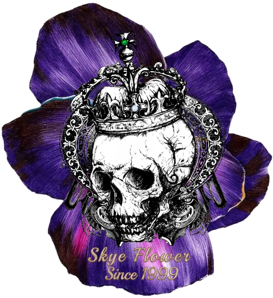 A purple flower with a skull and crown on it.